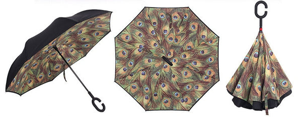 Parquet Double Layer Inverted Umbrellas C-Shaped Handle Reverse Folding Windproof Umbrella