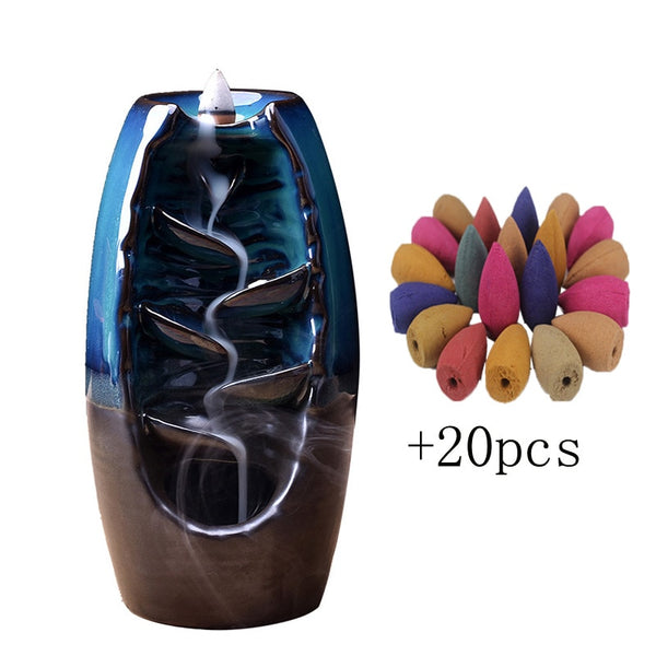 Ceramic Waterfall Backflow Incense Holder Incense Burner Home Decor Aromatherapy Ornament with 10 Incense Cones