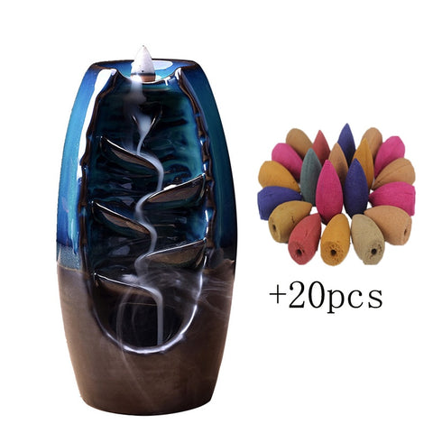 Ceramic Waterfall Backflow Incense Holder Incense Burner Home Decor Aromatherapy Ornament with 10 Incense Cones