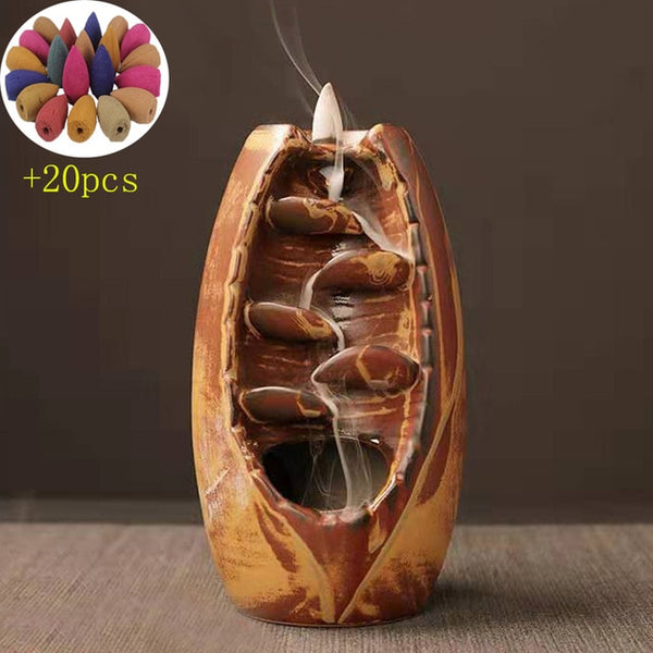 Buy Ceramic Waterfall Backflow Incense Burner Incenser Holder Home Decor Aromatherapy Ornament + 10 Cone Incense Free, Brown Jar with Ubuy Kuwa
