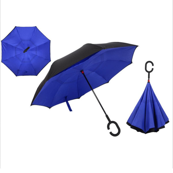 Multi purpose use blue Double Layer Inverted Umbrellas Reverse Folding Umbrella Windproof UV Protection Big Straight Umbrella for Car