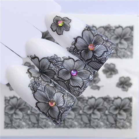 Flower Design Nail Sticker Decal Water Transfer White Black Tips Women Makeup Tattoos